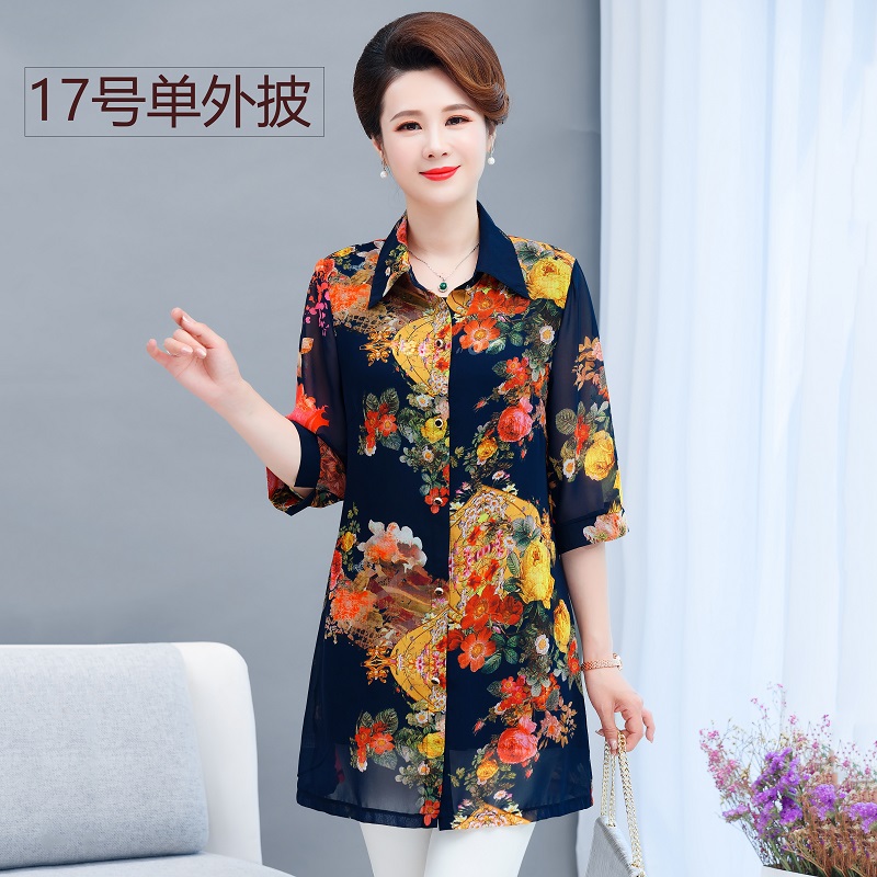Color 17mom summer wear Outside Chiffon Cardigan shirt Big size Middle aged and elderly Women's wear Shawl loose coat Medium and long term Sunscreen
