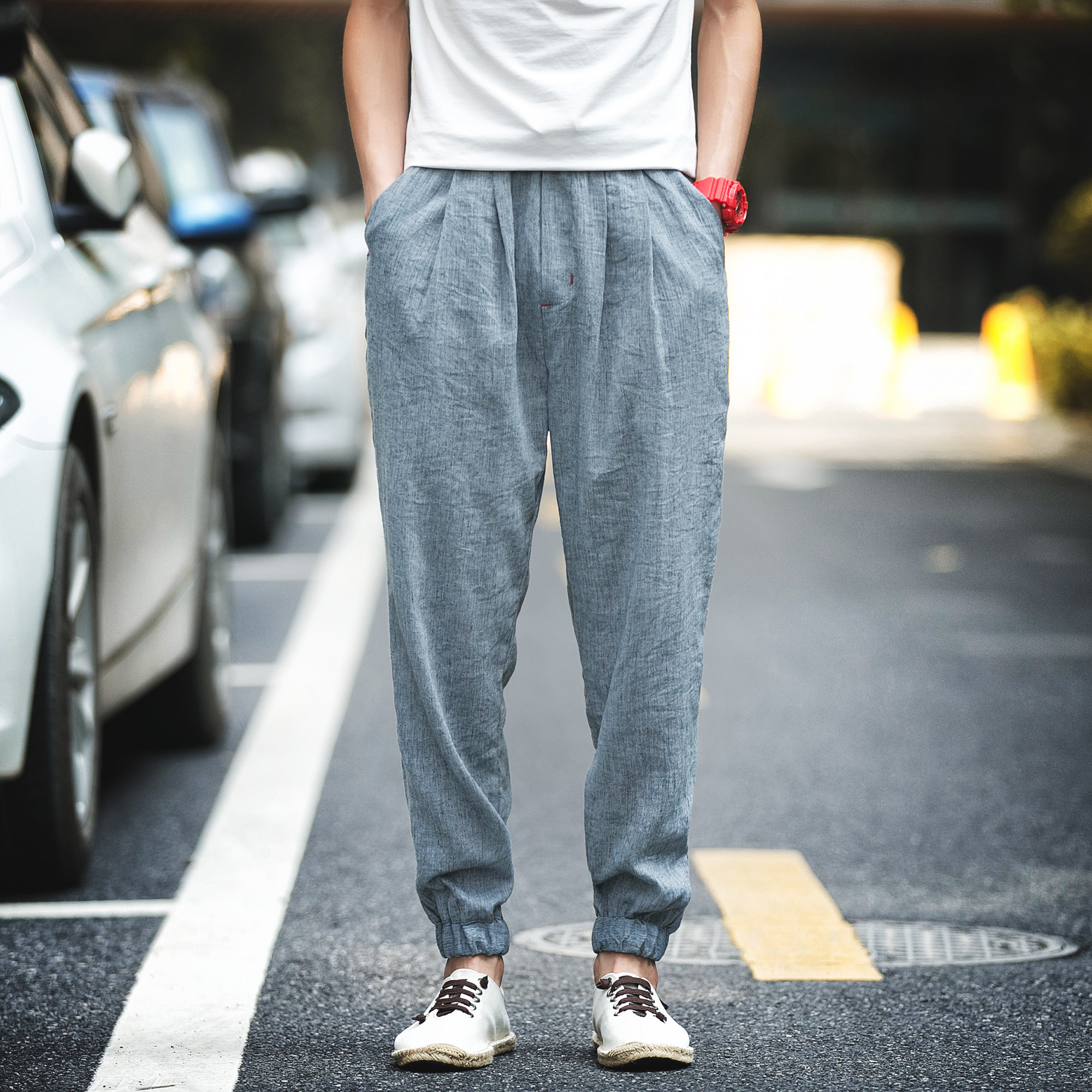 2018春夏中国风大码亚麻裤棉麻哈伦裤宽松休闲裤收口小脚裤子男