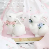 Розовый синий кролик, фарфоровое украшение ручной работы для влюбленных, белый кролик, с медвежатами