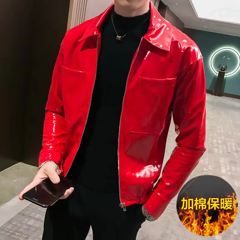 Mùa thu 2019 mới anh chàng áo khoác lửng nam Hàn Quốc Slim net màu đỏ thanh niên xe máy áo khoác da - Quần áo lông thú