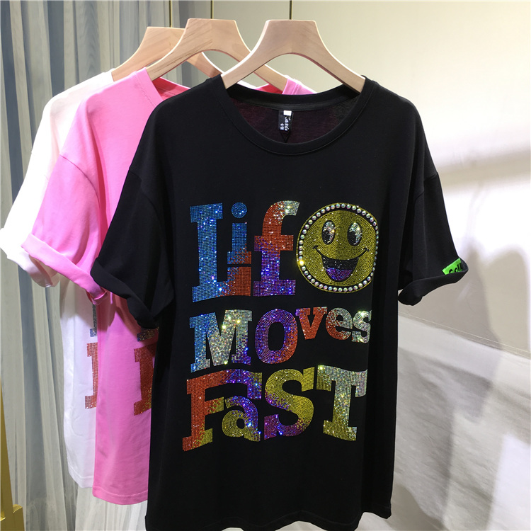 BlackEuropean goods heavy industry Hot drilling T-shirt ma'am Short sleeve smiling face Crew neck jacket easy Big size Versatile summer Fat mm leisure time