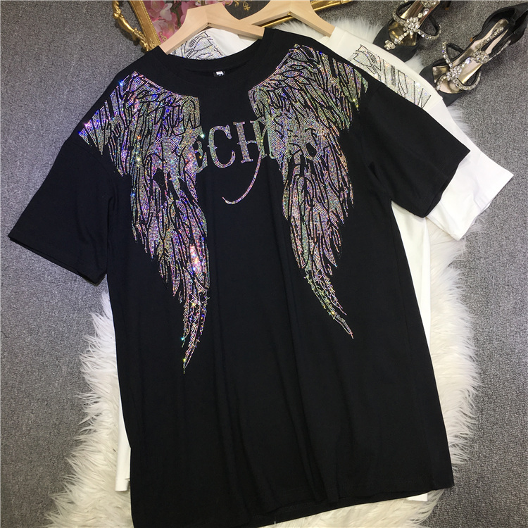 BlackEuropean goods heavy industry Hot drilling T-shirt wing white Short sleeve Crew neck female Medium and long term commute summer easy Big edition jacket