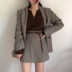 Hàn quốc chic mùa thu cổ điển kiểm tra lỏng dài tay blazer + cao eo váy nữ phù hợp với hai mảnh phù hợp với Bộ đồ