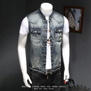 Đầu máy Harley đứng cổ áo vest nam thời trang châu Âu và Mỹ cỡ lớn cưỡi vest ngoài trời denim vest mỏng