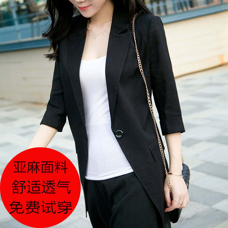 Mùa hè mới lanh nhỏ phù hợp với nữ phần dài eo giảm béo bảy- điểm tay áo phần mỏng phụ nữ bông áo khoác áo khoác