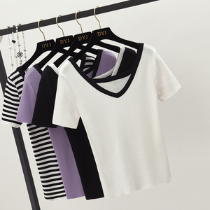 2018 mùa hè sản phẩm mới Han Fan đơn giản máy cẩn thận nước ngoài trước và sau khi mặc V-Cổ áo len mỏng áo T-Shirt