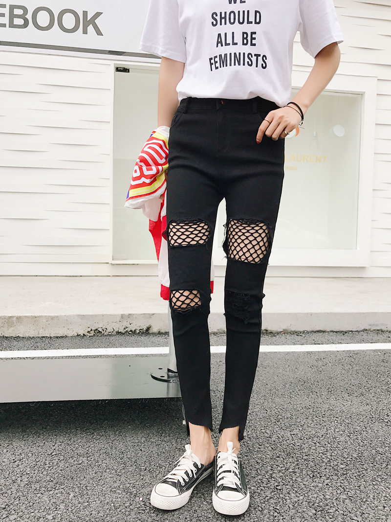 9200实拍渔网袜修身显瘦大码黑色打底裤女外穿网纱破洞九分裤女