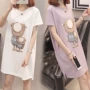 Phụ nữ mang thai mùa hè ăn mặc 2018 mới phần dài thời trang cotton ngắn tay T-Shirt váy kích thước lớn áo sơ mi lỏng lẻo đầm bầu mami