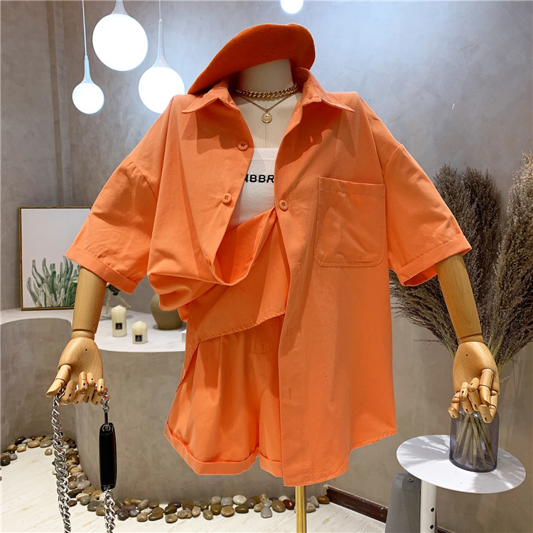 Orangework clothes leisure time suit female 2021 summer new pattern Korean version polo collar easy jacket + Broad legs shorts Two piece set