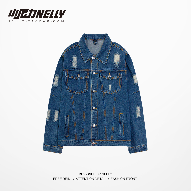 Navy Blue2021 spring and autumn hole Retro chaqueta men and women Hip hop ins leisure time Versatile Jacket Gradients jacket bf