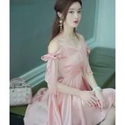 Váy điểm sóng POShe nữ mùa hè váy quây màu hồng 2019 mới khí chất ren khâu váy cổ tích - Sản phẩm HOT
