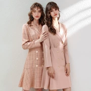 Mùa thu 2019 mới thời trang Hàn Quốc khí chất cổ chữ V đôi ngực dài tay thon eo nữ váy A - A-Line Váy
