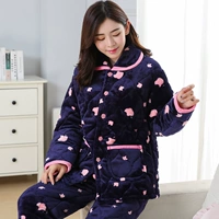 Mùa thu và mùa đông của phụ nữ flannel đồ ngủ trẻ trung ba lớp dày san hô ấm lông cừu dài tay phù hợp với dịch vụ nhà đồ pijama