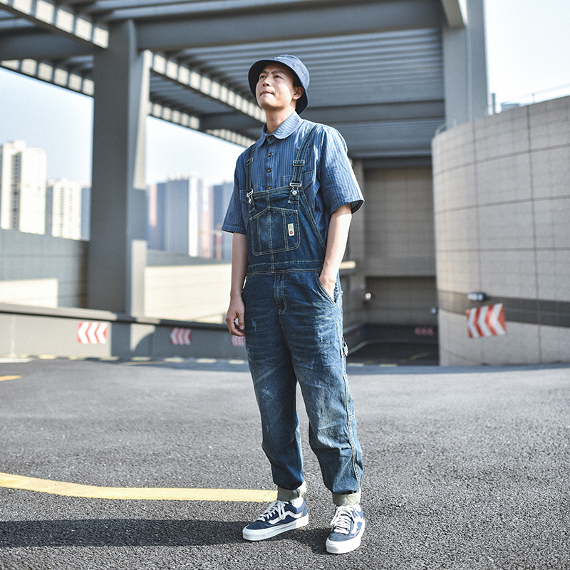Mens Japanese Style Denim Overalls Jeans Pants Suspender Bib
