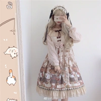 Nhật Bản mềm mại em gái dễ thương ban nhạc gấu gấu in Perot câu chuyện cổ tích tay áo dài op trang phục Spot váy sơ mi