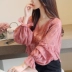 Áo sơ mi tay dài voan ngọt ngào nữ mùa thu 2018 mới Hàn Quốc phiên bản tay lửng buông thả tự nhiên sang trọng. áo ký giả nữ Áo sơ mi chiffon ren