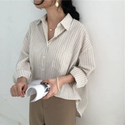Mùa xuân Hàn Quốc đa năng sọc dọc POLO cổ áo mỏng sinh viên áo sơ mi nữ lỏng lẻo đơn ngực dài tay áo sơ mi