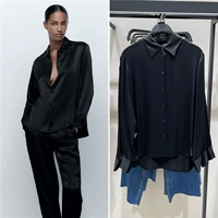 Данные Zara осенью новая женская черная шелк -атласная текстура полоса движения длинной рубашки 2731254 800