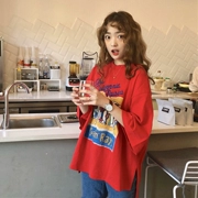 Mùa xuân và mùa thu 2018 phiên bản Hàn Quốc của áo phông mới in hình retro dài tay màu đỏ ngắn tay dài tay