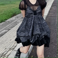 Черная эластичная повязка, кружевное летнее платье, японская юбка с бантиком