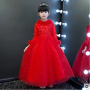 Trẻ em váy công chúa dày cô gái đám cưới màu đỏ trang phục piano chủ hoa cô gái pettiskirt mùa đông