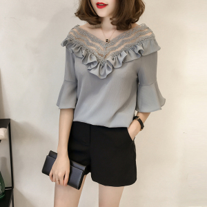 Ren áo sơ mi nữ cộng với phân bón XL chất béo của phụ nữ mm lỏng xù ngắn tay hollow voan áo sơ mi nữ áo sơ mi nhỏ