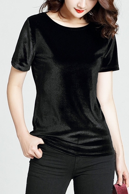短袖t恤女2018新款夏装黑色金丝绒修身百搭冰丝绒体桖半袖上衣T潮-淘宝网