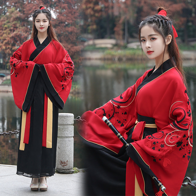 霓裳记日常改良传统汉唐古装大红广袖交领齐腰襦裙汉服一片式下裙