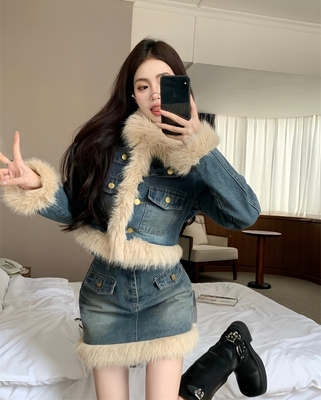 taobao agent Advanced fashionable winter set, velvet denim sexy jacket, pleated skirt, Chanel style, high-quality style, hip-accented