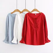 Cộng với phân bón XL cho nữ mùa thu mới giảm béo mỏng MM phiên bản Hàn Quốc của cotton jacquard tay áo thun cổ tròn áo thủy triều