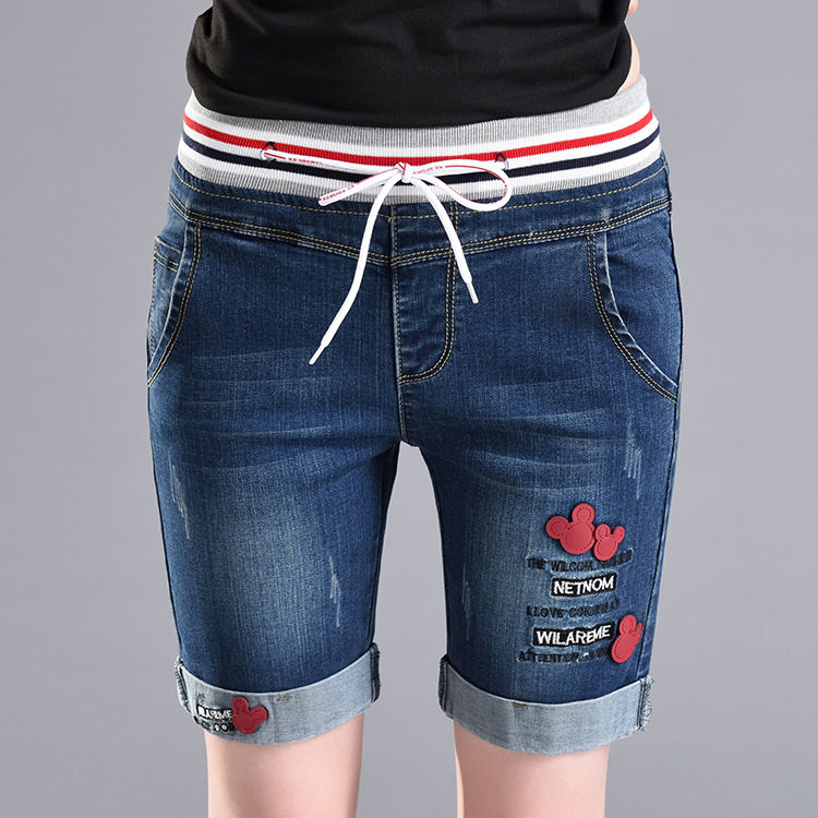 Đàn hồi eo của phụ nữ quần short denim 2018 mùa hè mới cao eo quăn thêu mỏng thẳng Hàn Quốc phiên bản của quần thủy triều
