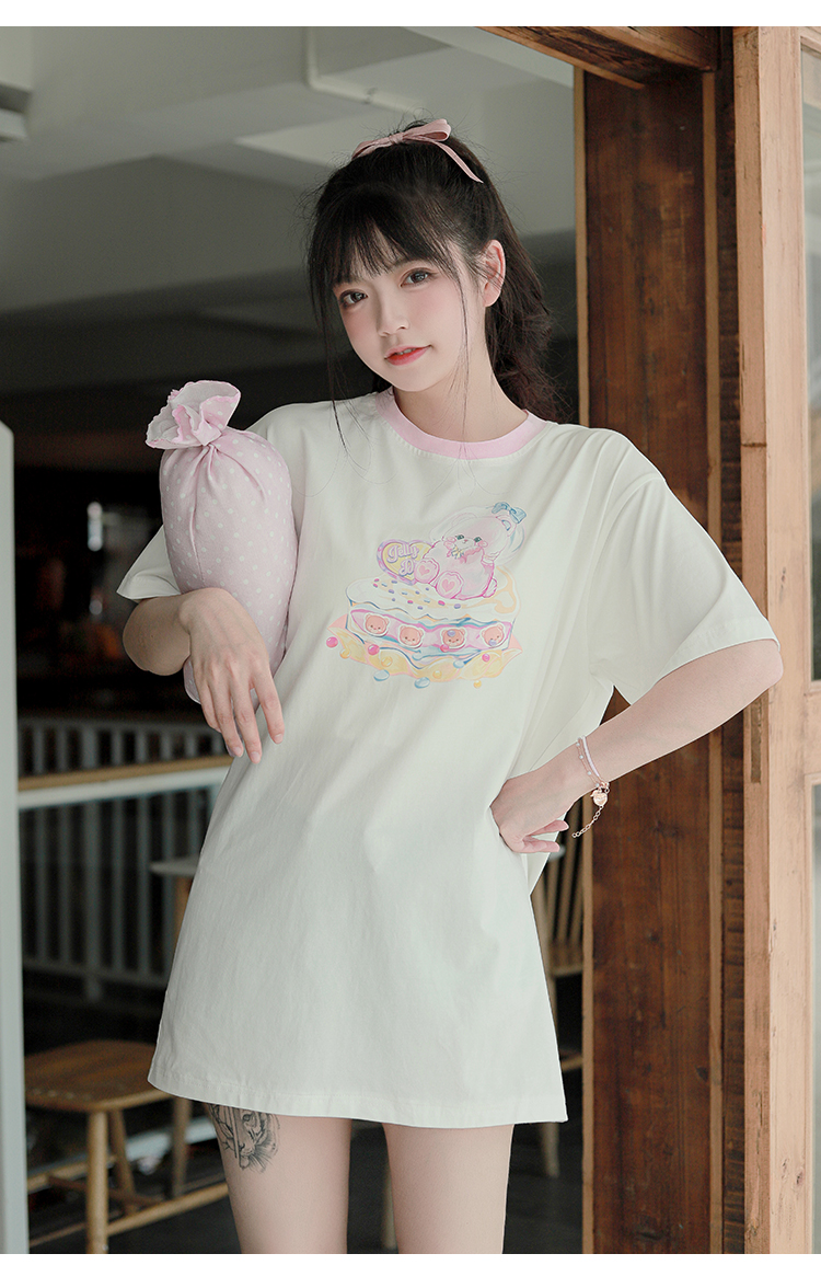 White & Longcat  Bear Soft candy T-shirt Can of cat Lolita original Bare sweet lovely Lolita Short sleeve Crew neck pure cotton