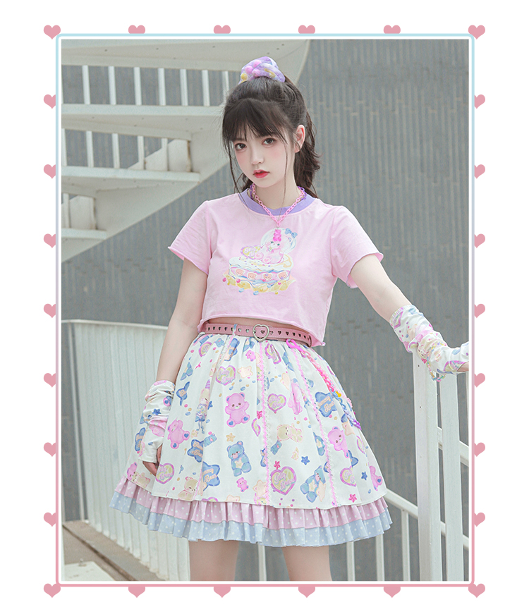 Pink & Shortcat  Bear Soft candy T-shirt Can of cat Lolita original Bare sweet lovely Lolita Short sleeve Crew neck pure cotton