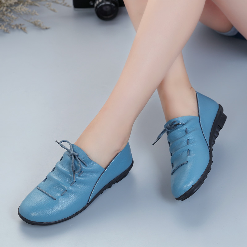 Sky BlueWomen Doug shoes 2018 spring and autumn soft sole Small leather shoes Mom shoes Flat bottom Single shoes genuine leather Shoes for pregnant women leisure time Women's Shoes