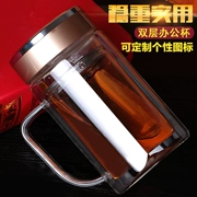 Cốc thủy tinh quảng cáo tùy chỉnh với trà rò rỉ văn phòng cách nhiệt đặc biệt hai lớp tay cầm in đầy hộp in cốc - Tách