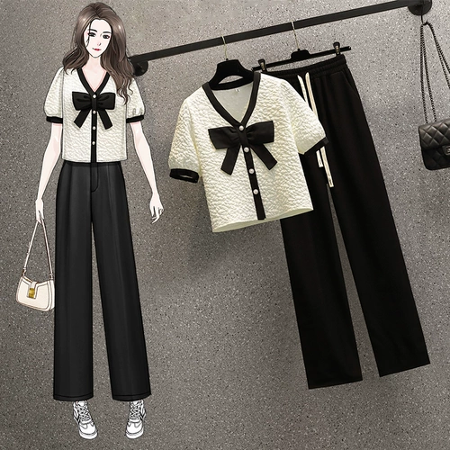 Летняя рубашка с бантиком, штаны, комплект, большой размер, коллекция 2022, подходит для полных девушек, короткий рукав, эластичная талия