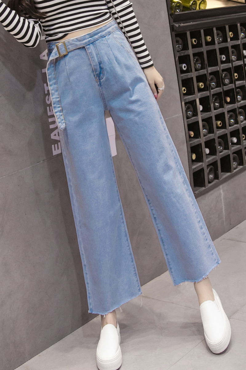 2018 Musim Panas Baru Korea Longgar Lurus Sembilan Lebar Kaki Jeans Destoryed Denim Musim Panas Siswa Tinggi Pinggang Tipis Fork Panjang Celana modis untuk Wanita Perempuan-Internasional