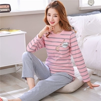 Bộ đồ ngủ nữ mùa thu cotton dài tay mùa xuân và mùa thu Hàn Quốc có thể mặc hai bộ quần áo gia đình ngọt ngào và đáng yêu mùa đông bộ đồ ngủ nhung đẹp