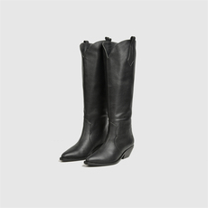 Западные Boots 2023年秋冬新款时尚真皮不过膝尖头长靴 复古黑色粗跟高筒西部靴