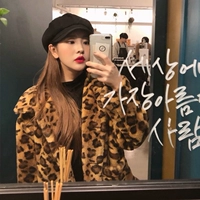 Ghost Horse Girl Korea Ins Super Fire Leopard Print Lapel Plush Plus Thicken Plus Velvet Ấm ngắn Áo khoác ngắn áo phao lông vũ nữ