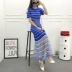 2019 phiên bản Hàn Quốc của đầm lụa dệt kim nữ mùa hè sọc dài màu tương phản màu sắc tay ngắn váy khí chất - Sản phẩm HOT Sản phẩm HOT