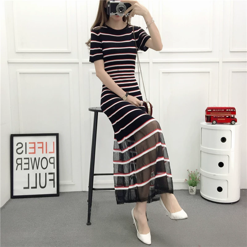 2019 phiên bản Hàn Quốc của đầm lụa dệt kim nữ mùa hè sọc dài màu tương phản màu sắc tay ngắn váy khí chất - Sản phẩm HOT
