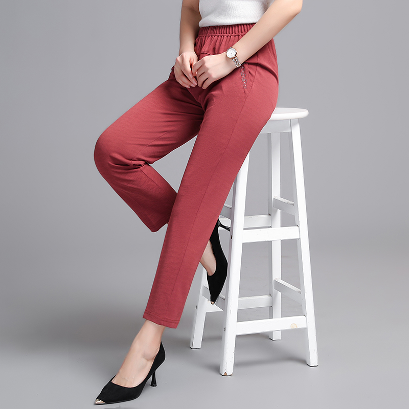 Red [Summer Style]Middle aged and elderly Women's trousers Autumn and winter Elastic waist High waist Plush thickening easy Wear out keep warm trousers old age mom trousers
