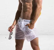 Thời trang nam màu rắn mờ bơi thân siêu mỏng lưới đàn hồi cao lót chống ánh sáng bãi biển thể thao quần short tập thể dục