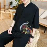 Trung Quốc phong cách quần áo của nam giới thêu đặt phong cách quốc gia hanfu kích thước lớn ngắn tay áo hai mảnh bộ bảy quần lỏng quần short tang phù hợp với