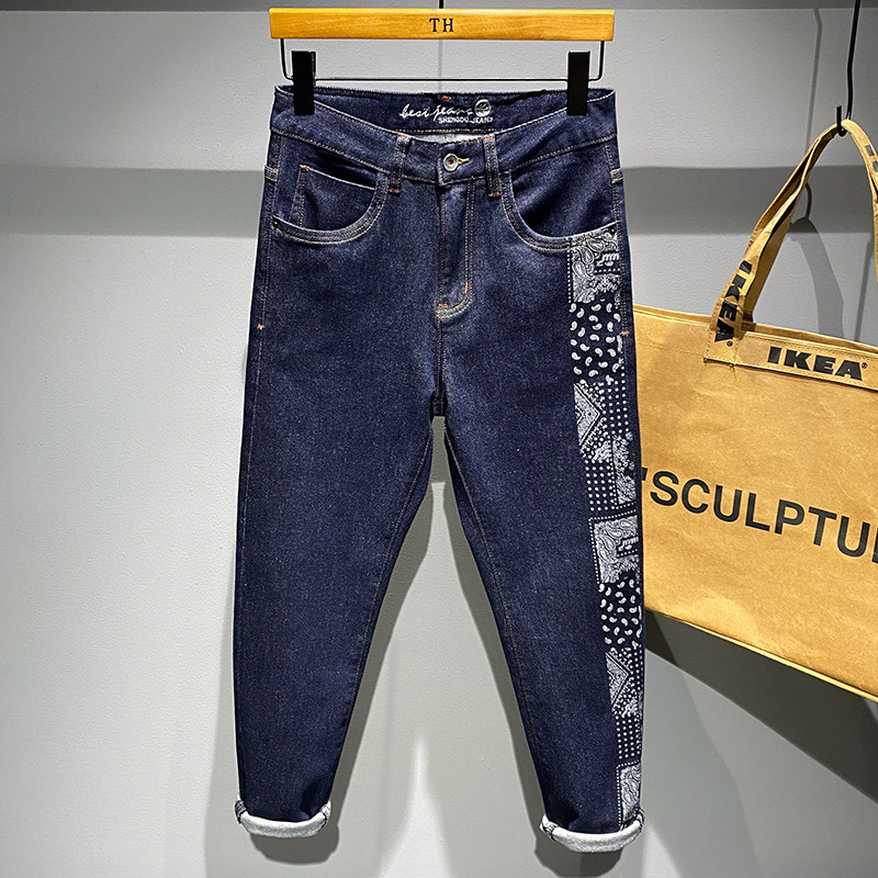 High-end natural-color printed jeans for men, 2022 autumn new Korean style, versatile, elastic, casual and slimming skinny pants