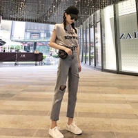 2018 nữ mùa hè mới Hàn Quốc phiên bản của hoang dã retro chic thời trang phù hợp với là mỏng T-Shirt thẳng chín điểm jeans triều đồ bộ đẹp
