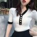 Phụ nữ ngắn tay mới của Hồng Kông- phong cách sang trọng áo len thời trang v- cổ màu bên đơn ngực linh hoạt mỏng giảm béo áo sơ mi áo cardigan nữ Áo / áo thun