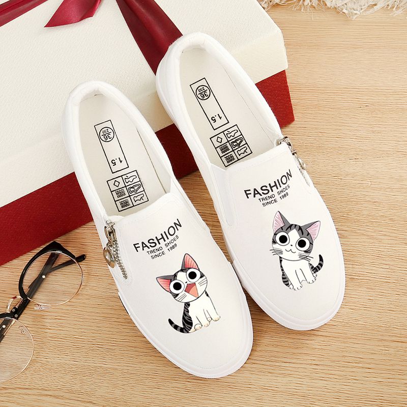 White Cheese Catsummer Graffiti canvas shoe female Kick on Lazy shoes schoolgirl Cloth shoes Flat bottom Casual shoes Korean version Little white shoes female