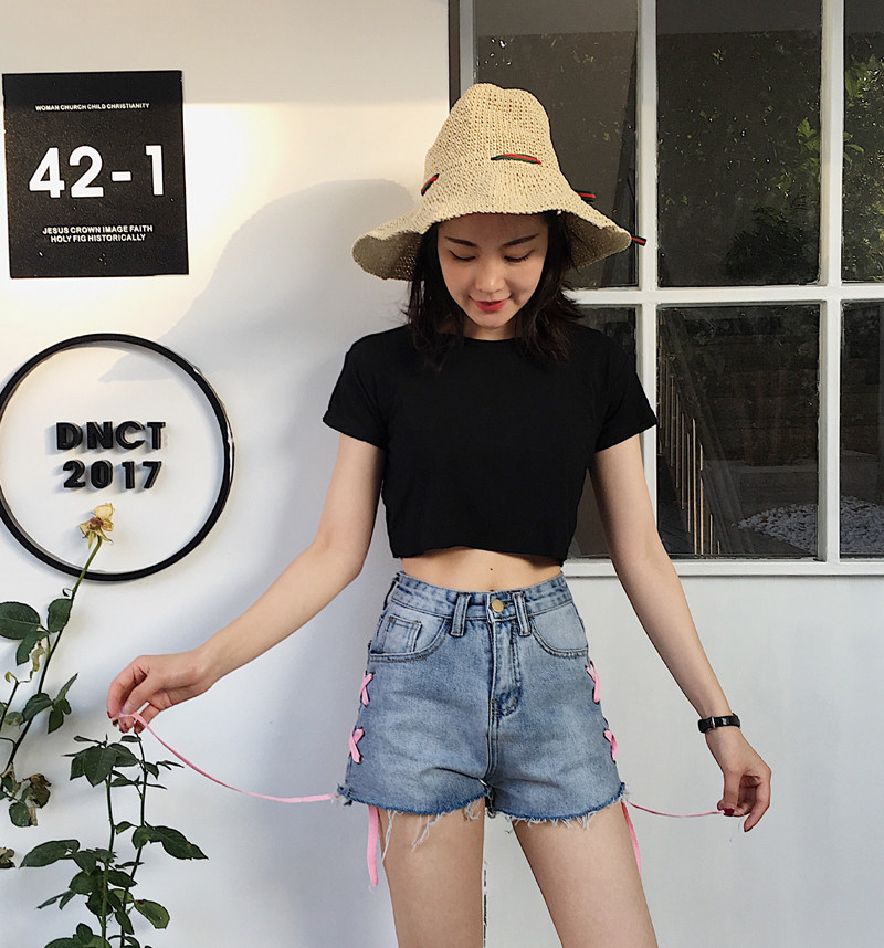 实拍 韩风chic 原宿风极简个性超短性感露腰显瘦短袖t恤上衣3420